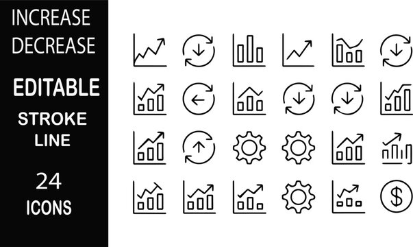 Graph Icons Set: A collection of clean and editable stroke line icons representing concepts like increase, decrease, growth, decline, refresh, and statistics.