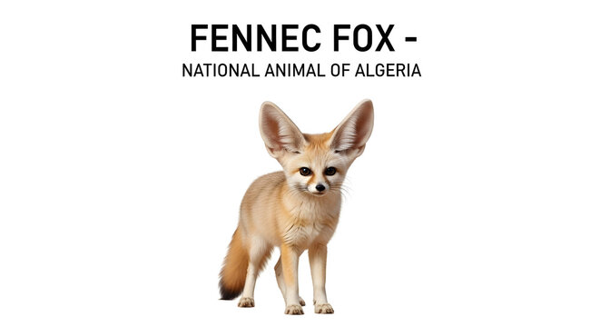 A fennec fox stands in the desert environment looking directly at the camera with its large ears visible.