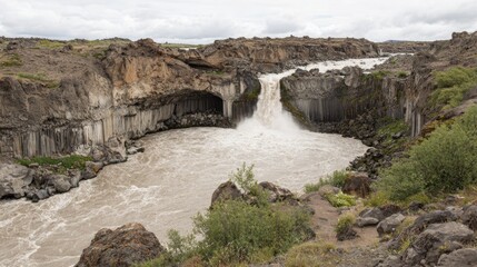 Obraz premium Powerful waterfall plunges into a canyon featuring columnar basalt formations under an overcast sky