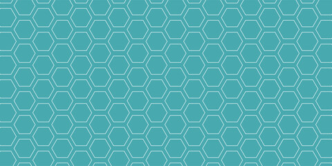 Obraz premium Turquoise background with white line hexagons. Blue seamless honeycomb pattern. Abstract futuristic background with line hexagon mosaic, vector illustration.