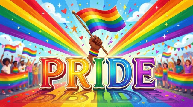 Pride celebration with rainbow flag and colorful text