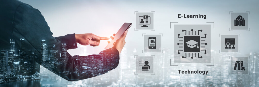 A professional individual engages with a mobile device, representing the evolution of e-learning technology alongside a dynamic city skyline, symbolizing progress and innovation in education. Cyphers