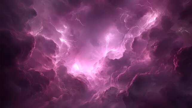 Vivid pink and purple storm clouds illuminate a dramatic atmospheric scene with electrical discharge.