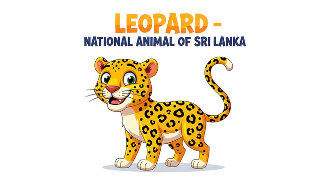 A cartoon leopard, the national animal of Sri Lanka, stands proudly in a natural setting, showcasing its distinctive spots and charming expression.