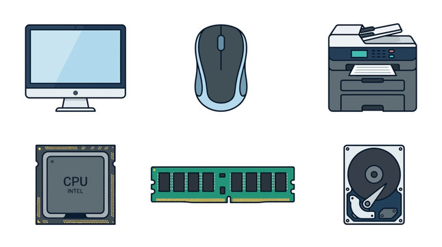Computer components and peripherals arranged on a desk for technology
