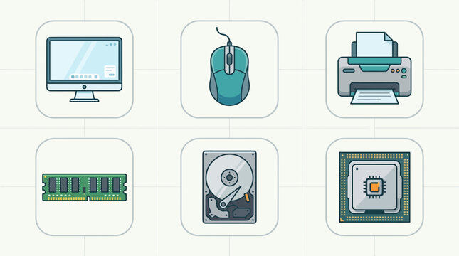 Computer peripherals and hardware devices icons on a clean surface