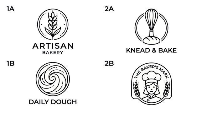 Minimalist bakery logo set featuring wheat whisk dough and baker