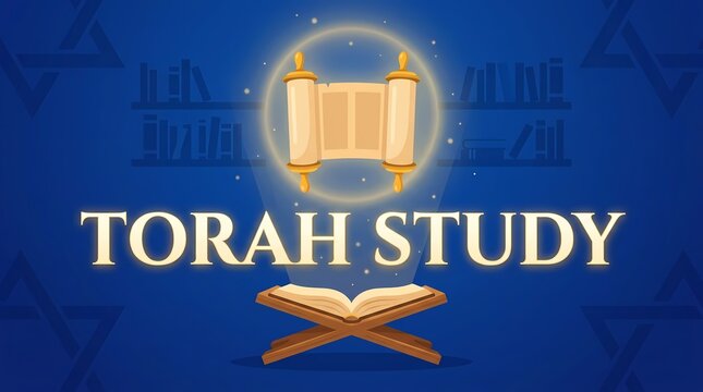 Torah study concept with a scroll and an open book on a blue background with star of david patterns