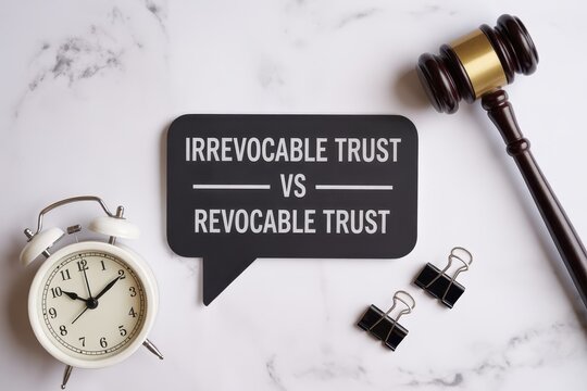Irrevocable Trust vs Revocable Trust comparison concept with gavel and alarm clock on marble background