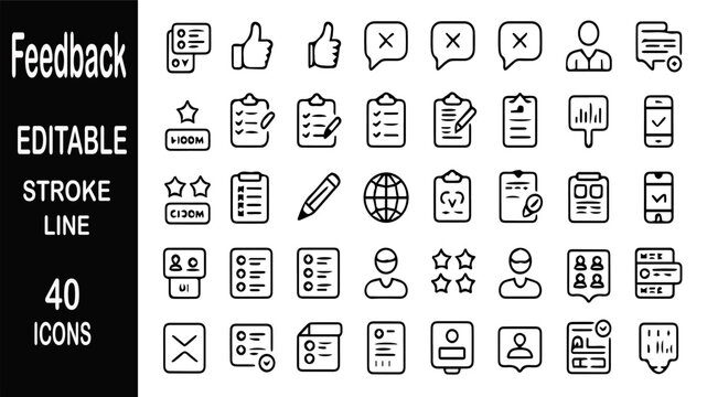 Feedback Icons Collection: A comprehensive set of 40 editable stroke line icons representing various feedback and review elements, including thumbs up, star ratings, and survey forms.
