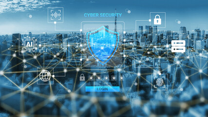 This image showcases a vibrant urban skyline with a focus on cyber security, featuring icons of protection, login, and artificial intelligence within a connected digital environment. Ledger © InfiniteFlow