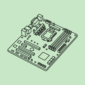 Isometric line art illustration of a computer motherboard