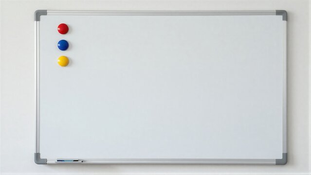 Blank whiteboard with three colorful magnets arranged vertically on left side.