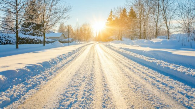 A snow-covered road winds through a winter landscape under a bright sun