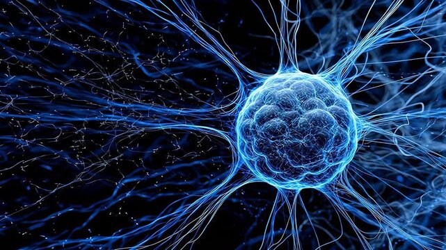 Abstract glowing blue neuron cell microscopic 3D render background, brain neural network and synapse biology concept, ideal for medical science presentations and AI technology web design.