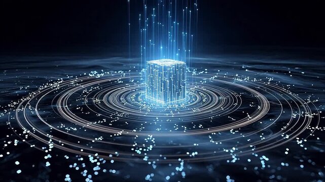 Abstract glowing blue tech cube with digital rain data stream background, concentric ripple network core node, quantum computing and blockchain concept, suitable for AI presentations and big data visu