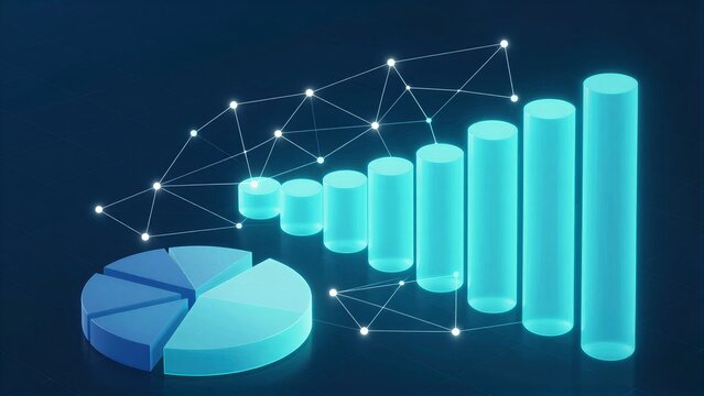 Blue data charts and glowing bars on a dark grid with network connections.