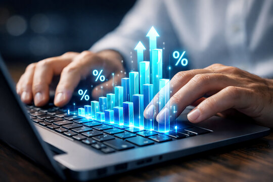 Businessman uses a laptop to analyze digital financial growth charts and percentage symbols projected in a professional office workspace to measure corporate performance and maximize investment.