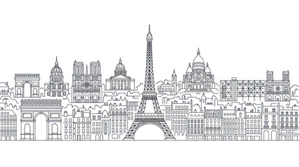 Fototapeta premium Parisian Skyline Outline: Eiffel Tower, Arc de Triomphe, Notre Dame - Black and White