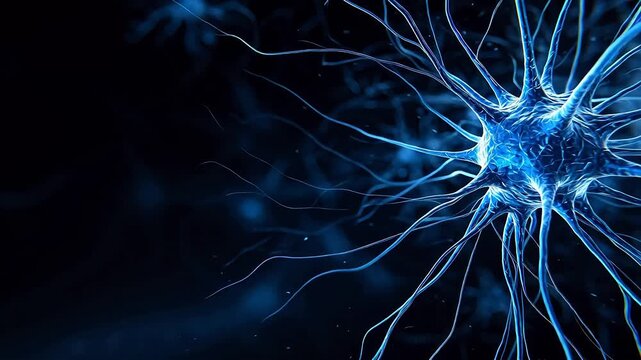 Abstract blue glowing neuron cell microscopic background, brain neural network and biomedical connection concept, suitable for AI tech and medical science presentation design.