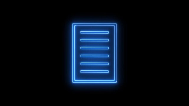 Neon blue document icon animation glowing on black background loop.