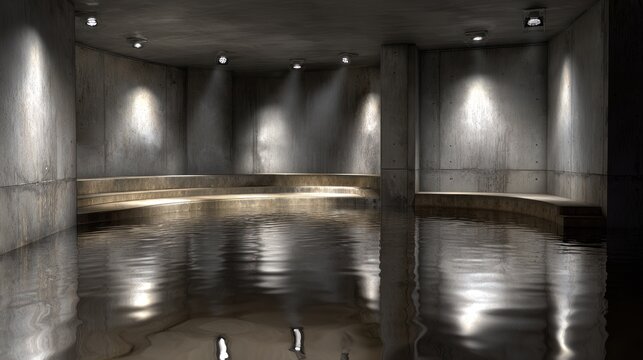 Dramatic interior space features concrete walls, tiered seating, and reflective water surface illuminated by ceiling spotlights