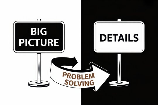 Conceptual illustration of problem solving moving from big picture to details on a split black and white background