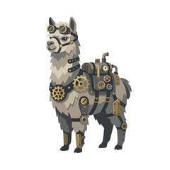 Fototapeta premium Full body steampunk llama with mechanical gear backpack and goggles.
