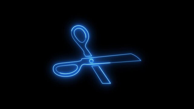 Neon blue scissors icon glowing in darkness for digital interface.