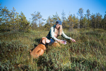 Obraz premium Woman hiker enjoys picking fresh cranberries and chatting with Vizsla dog friend while sitting at wetlands, active female forager collecting wild berries in box at forest bog together with pet on walk