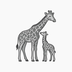 Obraz premium Mother and baby giraffe side profile line art