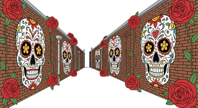 Perspective view of a brick alleyway featuring large sugar skull murals and climbing red rose vines on both walls for a festive cultural atmosphere.