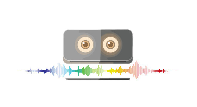 Speaker device with cartoon eyes and a colorful sound wave frequency spectrum graphic displayed underneath for audio and music technology concepts.