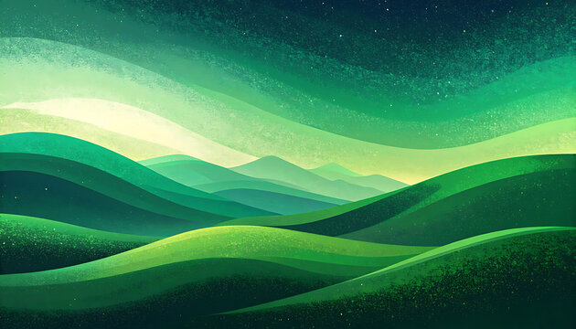 Pixel art style green rolling hills landscape at night with starry sky, gaming background
