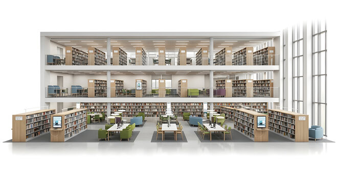 A large library with many bookshelves and study tables inside