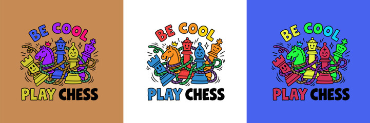 Obraz premium International Chess Day vector doodle with cute cartoon chess pieces, play chess illustration set