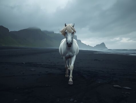 Majestic White Horse Galloping on a Moody Black Sand Beach.