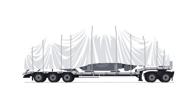 Massive industrial turbine component wrapped in protective fabric on a heavy-duty flatbed trailer, viewed from a side profile perspective for logistics transport.