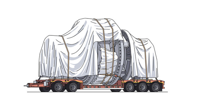 Heavy industrial machinery component securely wrapped in a protective white tarp on a multi-axle flatbed trailer for secure transport.