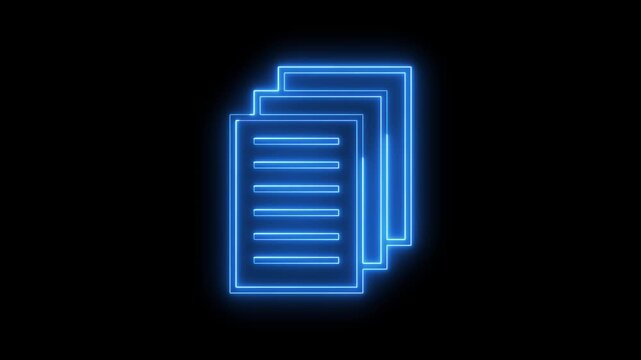 Blue neon document stack icon with glowing effect motion.