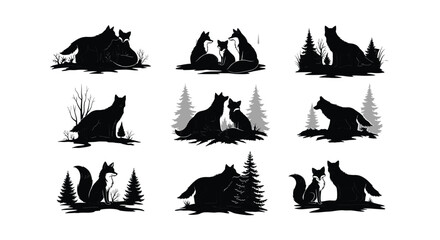 Fototapeta premium Collection of fox silhouettes in natural environment, forest and meadow scenes, graphic illustration.