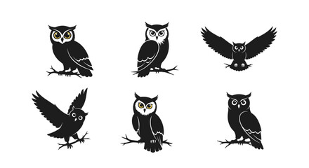 Naklejka premium Owl vector illustration set, wise birds with yellow eyes in various poses, majestic nocturnal creatures.