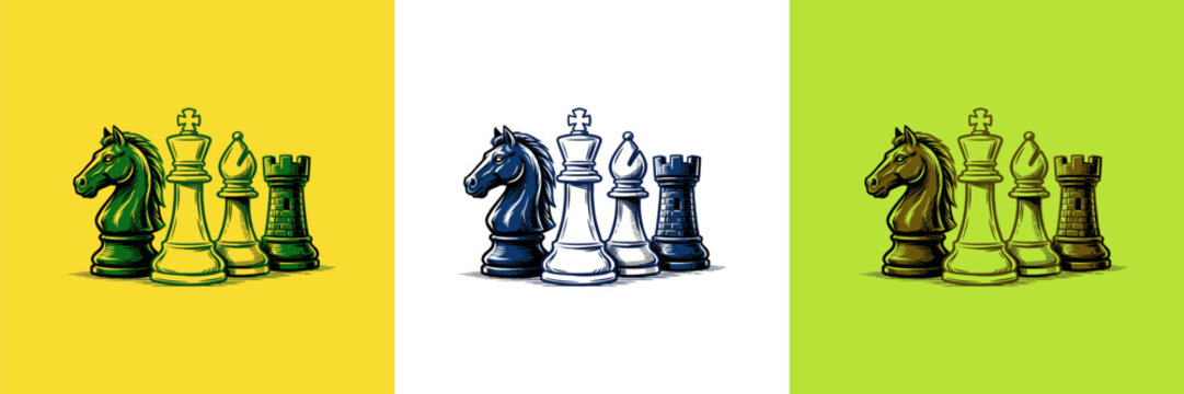 International Chess Day vector engraving with vintage strategy chess pieces illustration set
