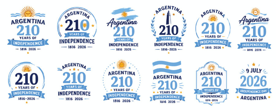 Argentina Independence Day badges, 210 years of independence anniversary labels, set of 12 blue and white patriotic vector emblems for 1816-2026 celebration