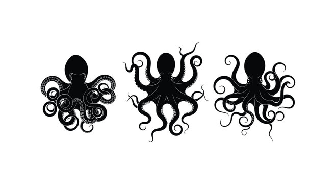 Set of octopus silhouettes with flowing tentacles design.