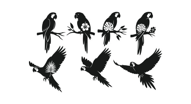 Set of tropical parrot silhouettes for summer and travel design.