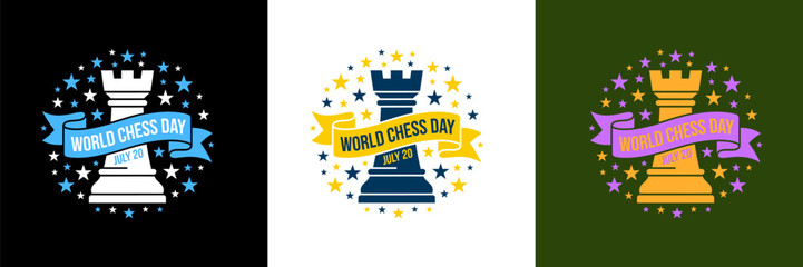 International Chess Day vector illustration with rook piece and stars ribbon banner, badge set © Seriously