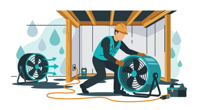 Construction worker in hard hat and safety vest positioning industrial fan in water damaged room with falling rain and moisture meter.