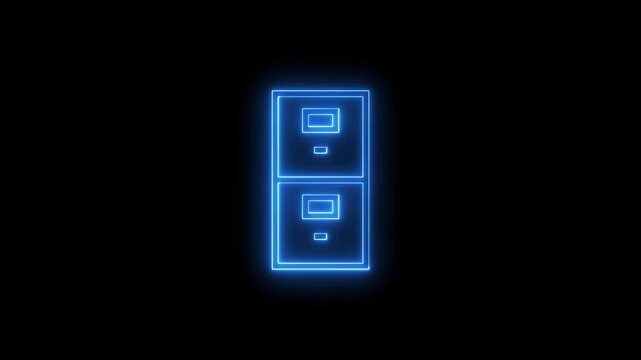 Neon blue filing cabinet icon animation on black background.