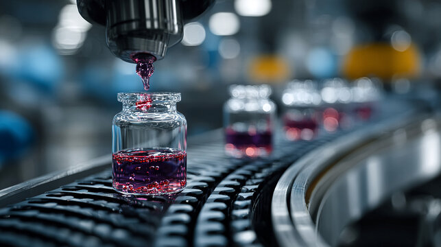 Laboratory robotic pipette dispensing red liquid sample into microplate for biotech analysis